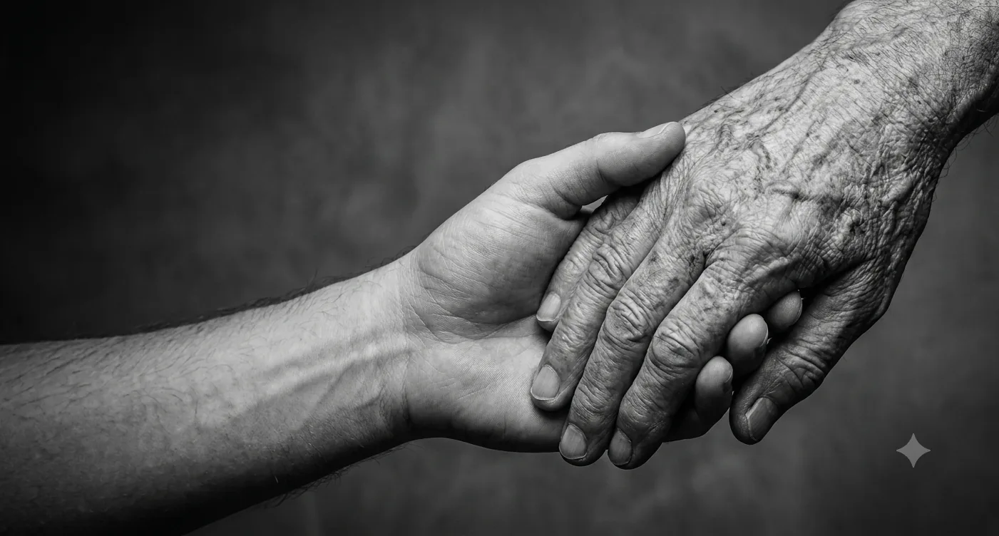 A younger hand gently supporting an older person’s hand