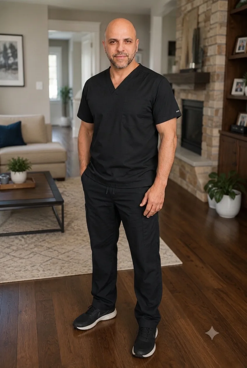 Claude Borges, private caregiver, standing in a comfortable home setting